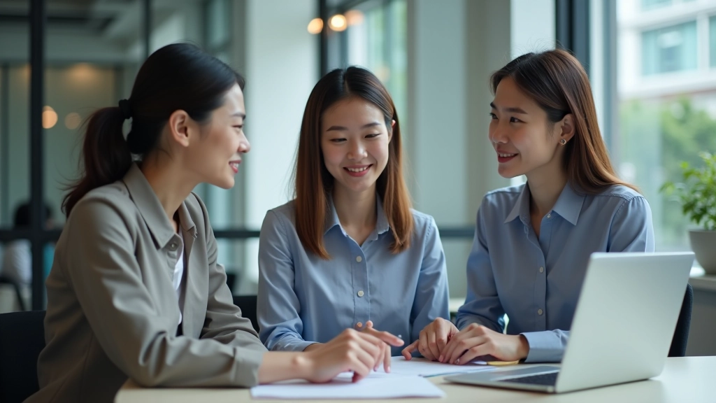 Group of colleagues collaborating in modern office space, showing positive relationship dynamics and teamwork