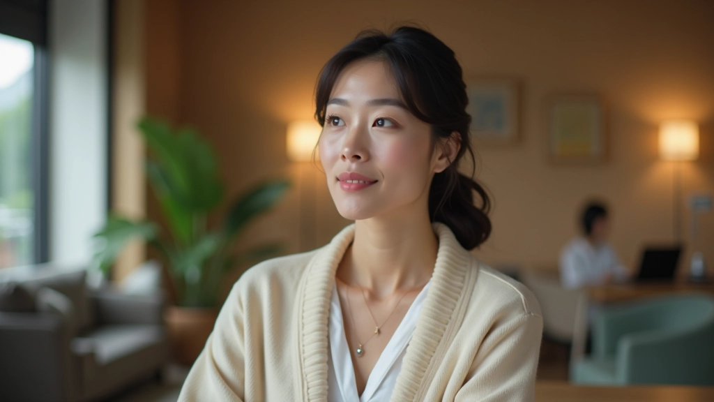 Professional woman with thoughtful expression, good posture, warm office environment